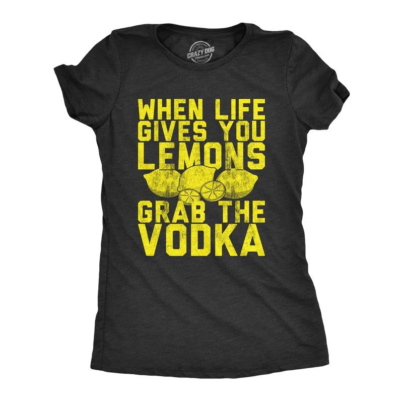 Womens When Life Gives You Lemons Grab The Vodka T Shirt Funny Party Drinking Graphic Tee Funny Womens T Shirts Cute Slimming Top Comfortable Soft Womenswear Liquor Tops for Women Funny Drinking Top Black
