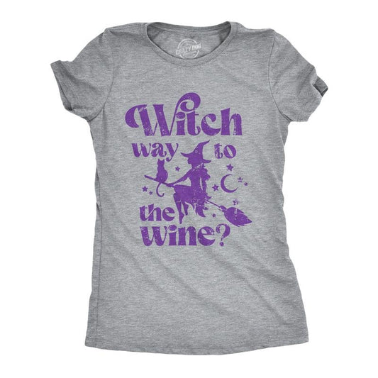 Womens Witch Way To The Wine T Shirt Funny Halloween Witches Drinking Lovers Tee For Ladies Funny Womens T Shirts Cute Slimming Top Comfortable Soft Womenswear Halloween Tops for Women Funny Wine Top Light Grey