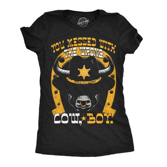 Womens You Messed With The Wrong Cow Boy T Shirt Funny Tough Bull Joke Tee For Ladies Funny Womens T Shirts Cute Slimming Top Comfortable Soft Womenswear Sarcastic Tops for Women Funny Animal Top Black -