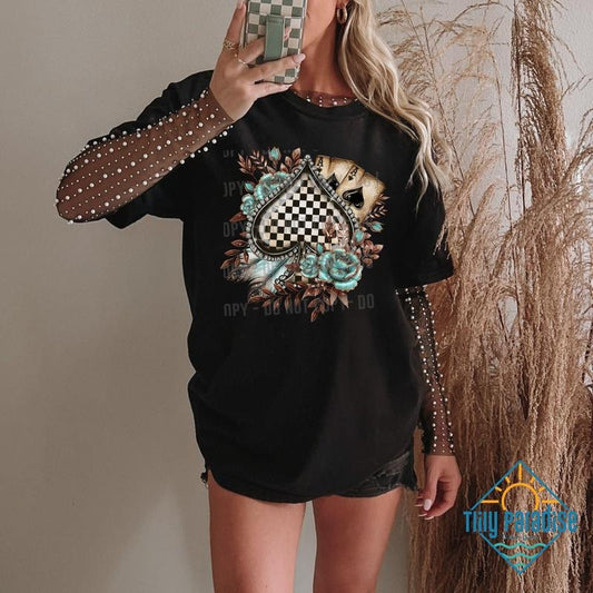 Womens western ace of spades shirt featuring a trendy checkered spade graphic with turquoise rose accents for a comfortable casual Fashion Graphic Style Top, women tees