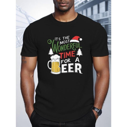 Wonderful Time for a Beer" Men's T-Shirt - Casual Short Sleeve, Polyester, Geometric Print, Round Neck - Perfect for Summer Made in USA