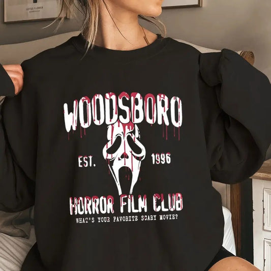 Woodsboro Horror Film Club Sweatshirt, Spooky Season Sweatshirt Horror Ghost Thriller Shirt, Scream Vintage Halloween Sweatshirt, Unisex T-Shirt, Gifts For Fan, Short Sleeve Tee Shirt, Gifts For Birthday Fathers Day Christmas Anniversary