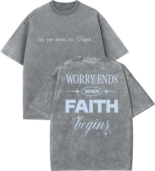 Worry Ends When Faith Begins Unisex Washed T-Shirt, Christian Tshirts, Vintage 90s Graphic Tee, Gift Top Womenswear Cotton Mineral Color