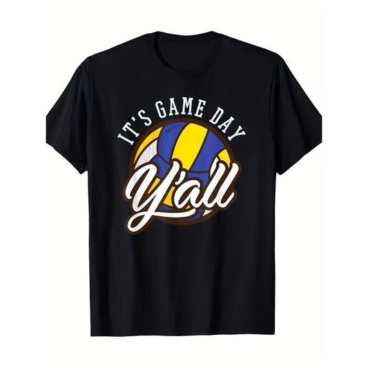 Y'all- Volleyball Pattern Print T-shirt, Men's Fashion Trend Round Neck Short Sleeve T-shirt, Comfortable And Breathable, Suitable For Leisure Outing, 100% Cotton Manufacture 220g made in usa