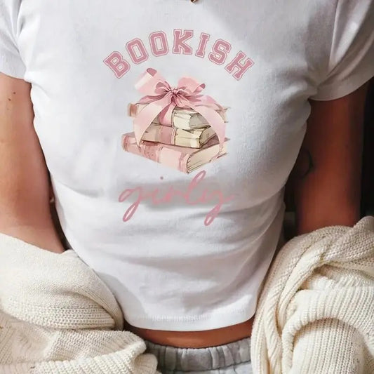Y2K Books Print Crew Neck T-shirt, Casual Short Sleeve Crop Top For Spring & Summer, Women's Clothing