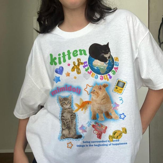 Y2K Fun Silly Cat T-Shirt, 90s Kawaii Kidcore Cat Meme Tee, Unisex Graphic Tees Gothic Grunge Y2k Emo Scene Amity Affliction Style Clothes Men Women Streetwear