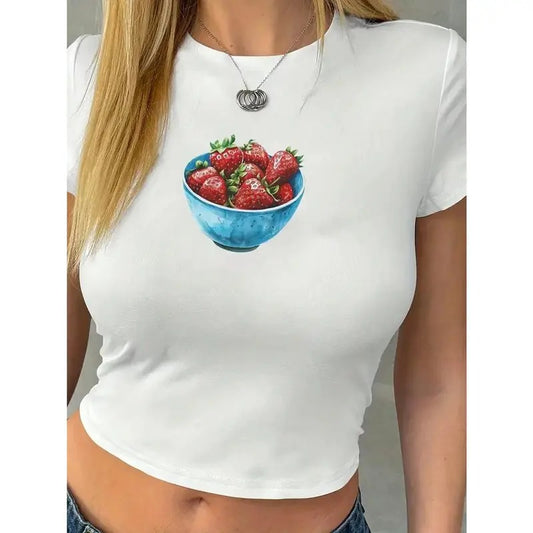 Y2K-Inspired Fruit & Vegetable Print Crop Top - Short Sleeve, Crew Neck, Stretchy Polyester Blend, Machine Washable - Women's Summer & Spring Fashion