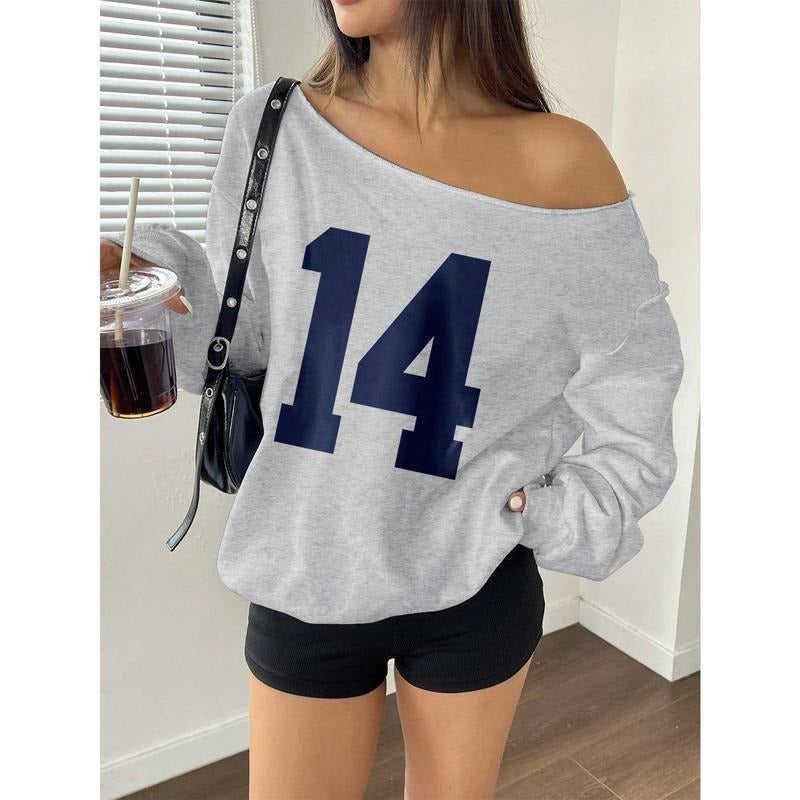 Y2K Jersey Sweatshirt Number Print Off Shoulder Sweatshirt Long Sleeve Asymmetrical Shoulder Loose T Shirt Oversize Soft