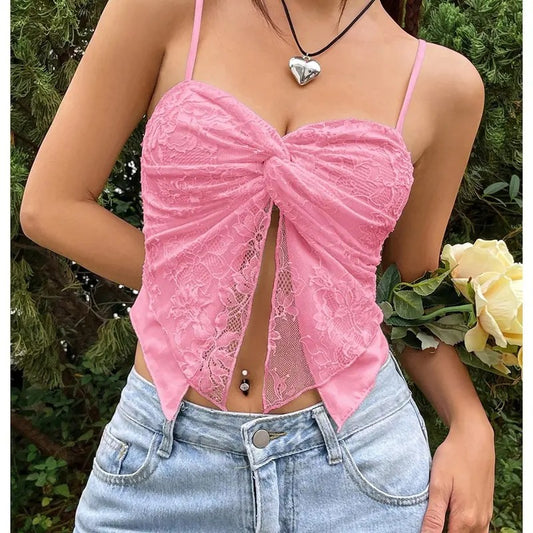 Y2K Lace Spaghetti Strap Cami Top Casual Twist Front Sleeveless Slim Fit Crop Top Cropper Camisole Tank Top