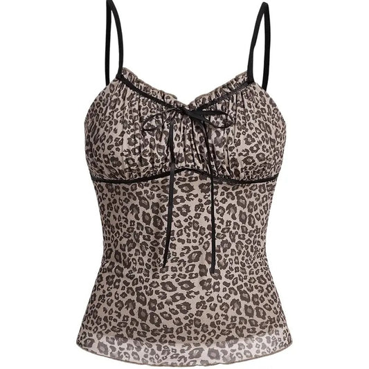 Y2K Leopard Print Tops Cheetah Animal Coquette Bow Sleeveless Mesh Cropped Cami Tank Top