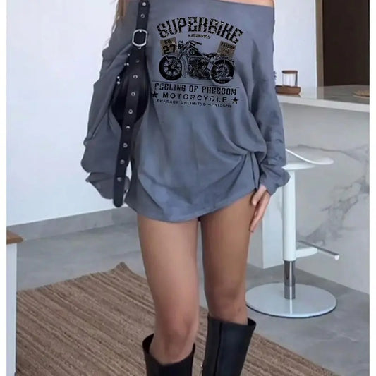 Y2K Letter Graphic Printed Off The Shoulder Long Sleeve T Shirt Oversized Casual Tops Fashion Outfits