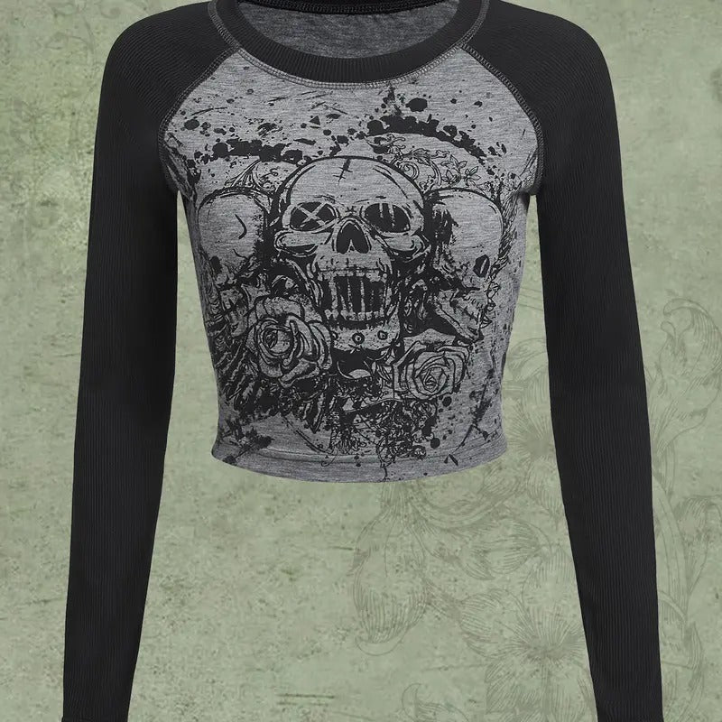Y2K Shirt Gothic Long Sleeve Crop Tops Graphic Tees Skull Floral Print T Shirts
