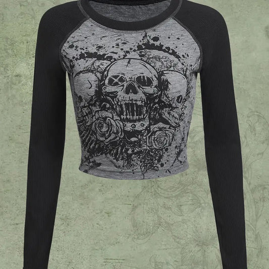 Y2K Shirt Gothic Long Sleeve Crop Tops Graphic Tees Skull Floral Print T Shirts