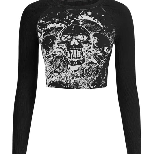 Y2K Shirt Gothic Long Sleeve Crop Tops Graphic Tees Skull Floral Print T Shirtsstyle{n002}2