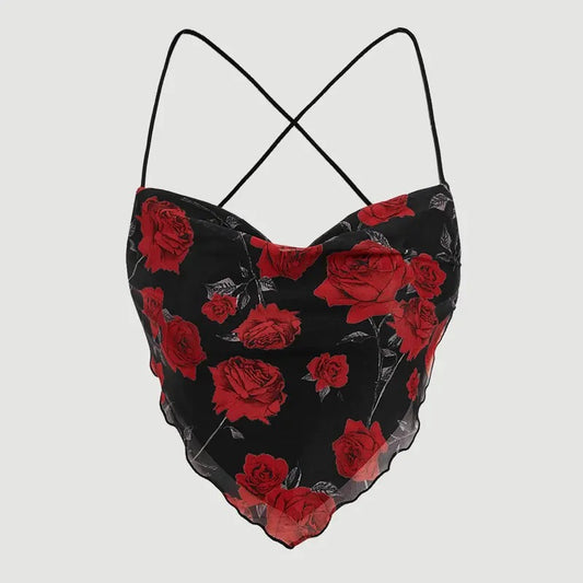 Y2K Tie Dye Floral Backless Cami Top Lettuce Trim Bandana Tops
