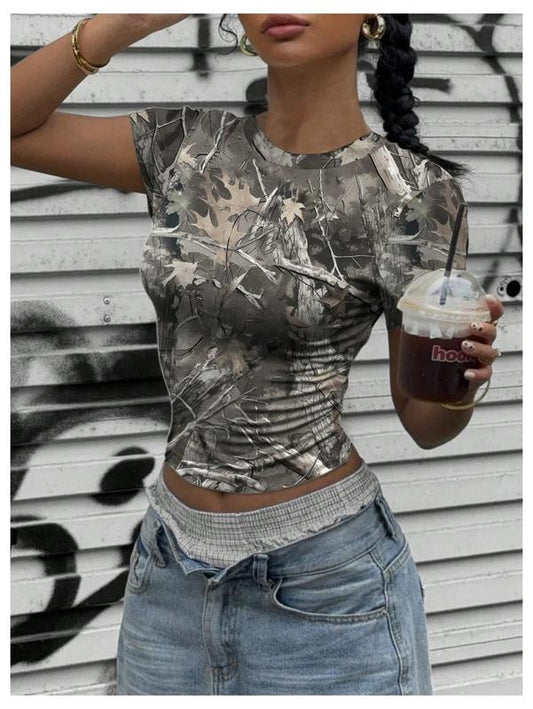 Y2k Camo Maple Leaf Print Crop T Shirts Crew Neck Short Sleeve Slim Fit Tops Grunge Going Out