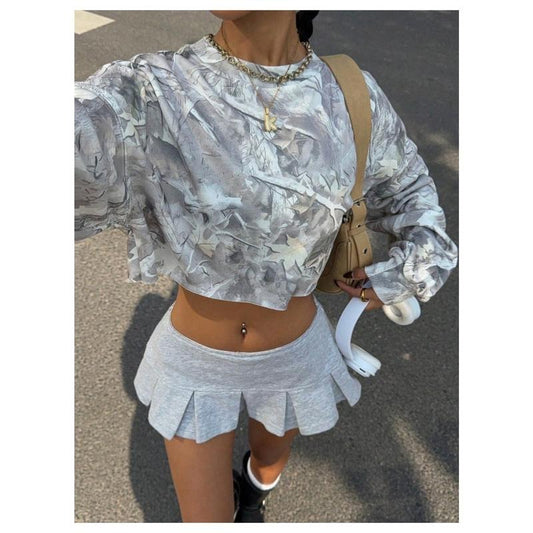 Y2k Camo Print Crop Crewneck Sweatshirt Long Sleeve Drop Shoulder Vintage Pullover Tops Casual Comfy