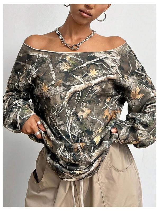 Y2k Camo Shirt Tropical Graphic Off The Shoulder Sweatshirt Oversized T Shirts Long Sleeve Camouflage Tee Top