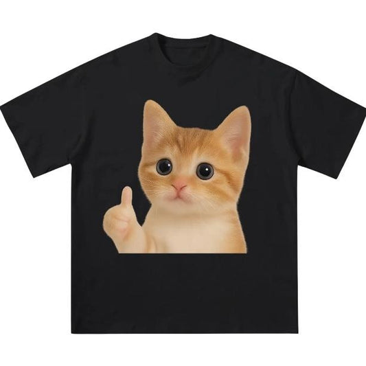 Y2k Cute Thumbs up Kitty Cat T-Shirt, Unisex Vintage Graphic Tees Gothic Grunge Y2k Emo Scene Amity Affliction Style Clothes Women Streetwear