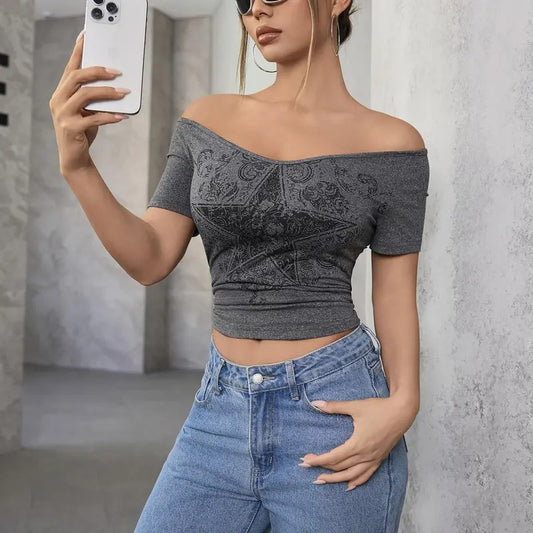 Y2k Graphic Tees Crop Tops Star Print Off Shoulder Short Sleeve T Shirts