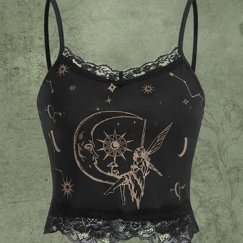 Y2k Lace Trim Cami Crop Top Sun Moon Print Casual Tops