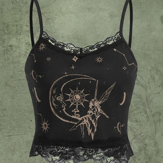 Y2k Lace Trim Cami Crop Top Sun Moon Print Casual Tops