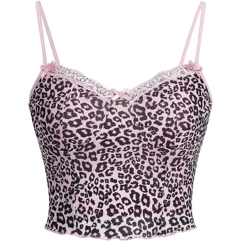 Y2k Lace Trim Leopard Print Cami Crop Top Spaghetti Strap Slim Fit Tops