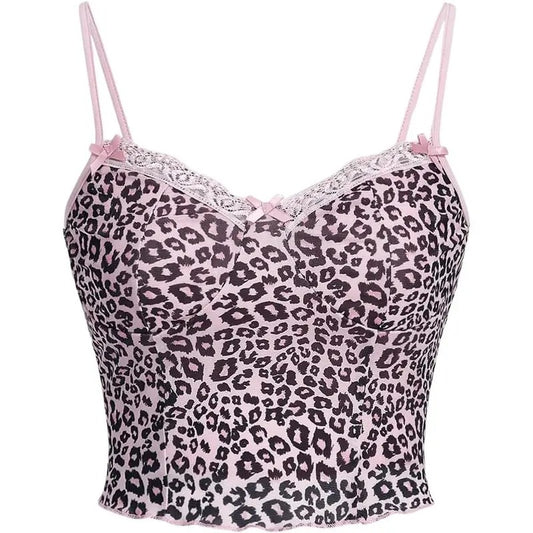 Y2k Lace Trim Leopard Print Cami Crop Top Spaghetti Strap Slim Fit Tops