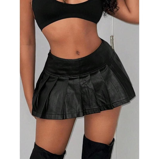 Y2k Pleated Mini Skirt PU Leather A Line Party Clubwear Skirt