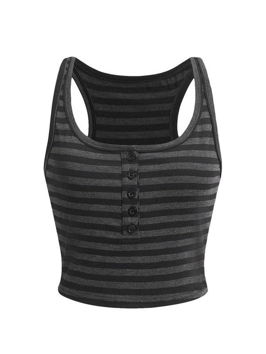 Y2k Striped Crop Tank Top Square Neck Sleeveless Button Front Tops