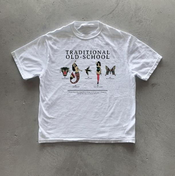 Y2k Traditional Old-School Tattoo T-Shirt, Unisex Graphic Tees Gothic Grunge Y2k Emo Scene Amity Affliction Style Clothes Men Women Streetwear