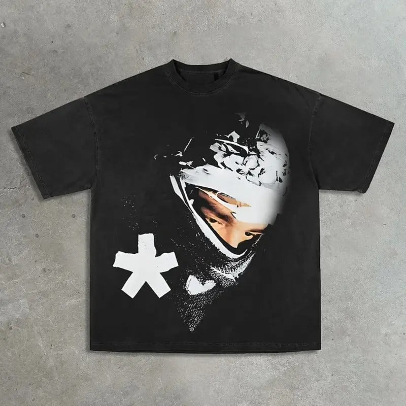"YEAT II' GRAPHIC TEE, Masked Rap Music Festival Print T-Shirt, Retro Casual Fashion Cotton Round Neck Short Sleeve T-Shirt Black Menswear Top