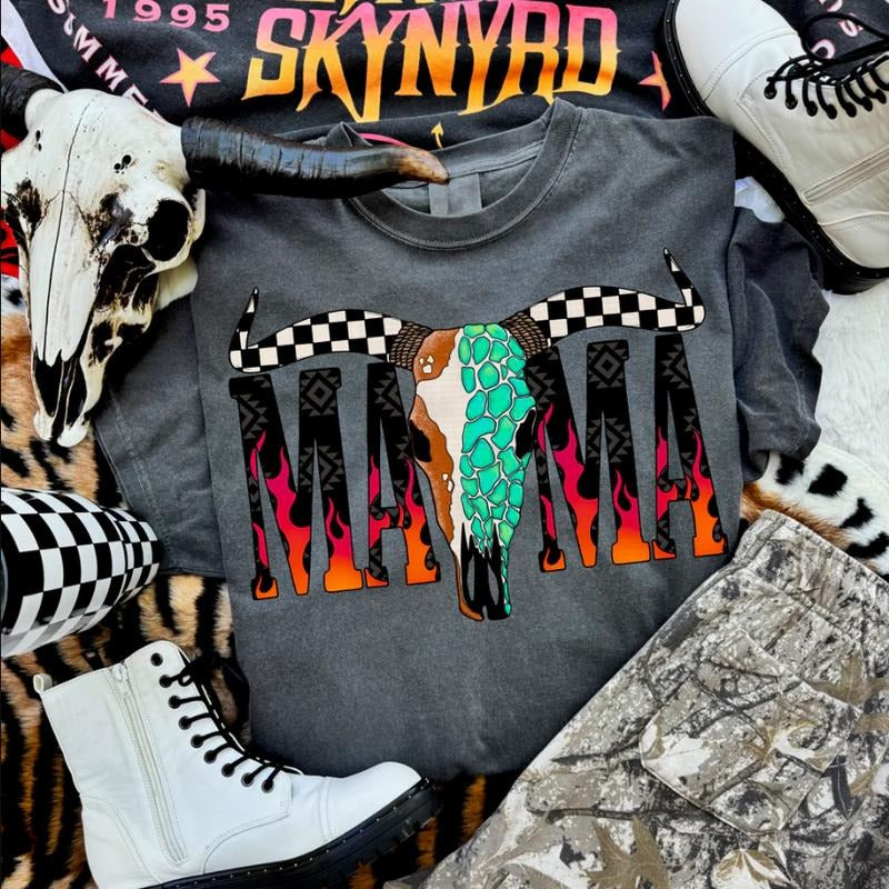 Yallternative Mama Stone Bull Skull shirt, vintage crewneck sweatshirts, western outfit women, cowgirl outfits, western clothing stuff tops, country concert outfits, western style clothes