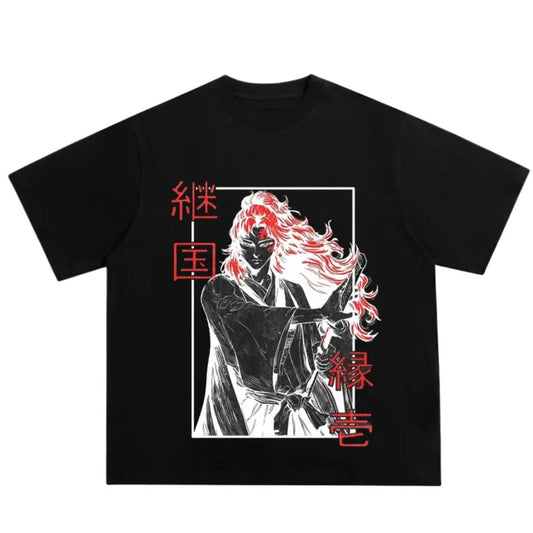 Yoriichi Tsugikuni Vintage Tee - Demon Slayer Black Cotton T-Shirt with Anime Graphic Design, Japanese Streetwear for Anime Lovers