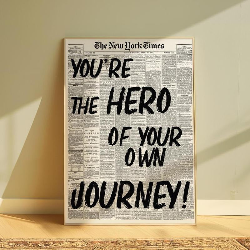 You are the hero Print, Inspirational Art Poster, Typography prints, Retro Newspaper Print, NY Art, trendy wall prints, Room