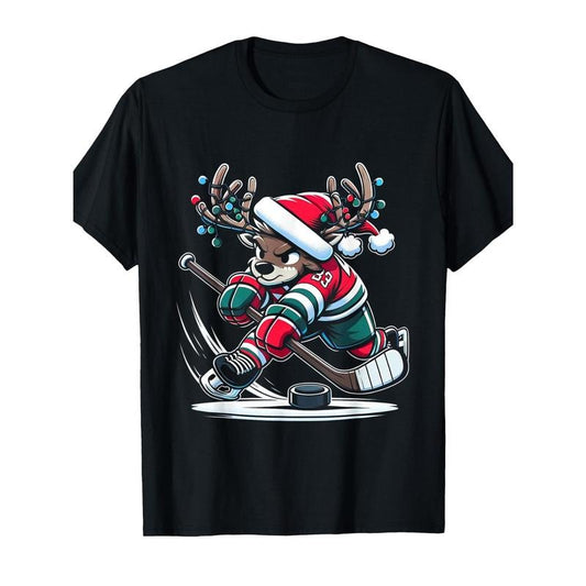 Youngsters' Reindeer Hockey Player Graphic Tee - 100% Cotton, Short Sleeve, Crew Neck - Perfect Christmas Gift for Boys made in usa