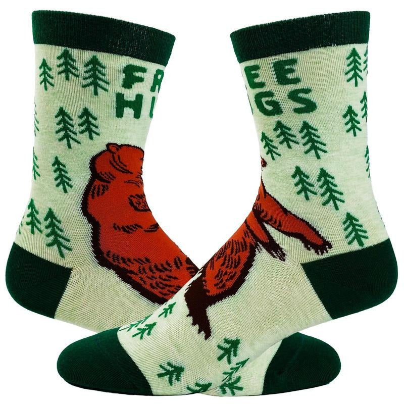 Youth Free Hugs Socks Funny Bear Woods Camping Outdoors Novelty Footwear Funny Graphic Socks Comfortable Fitted Spandex Cotton