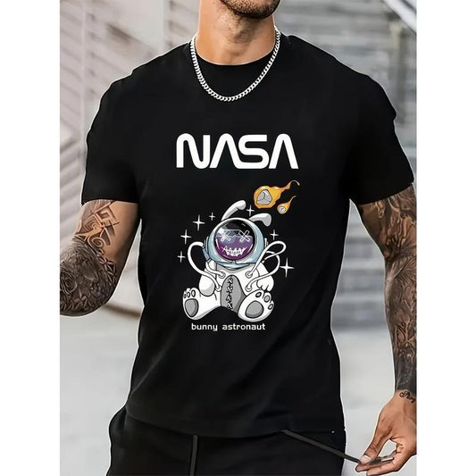 astronaut printed T-shirt men's casual style summer and autumn slightly elastic round neck T-shirt Made in USA