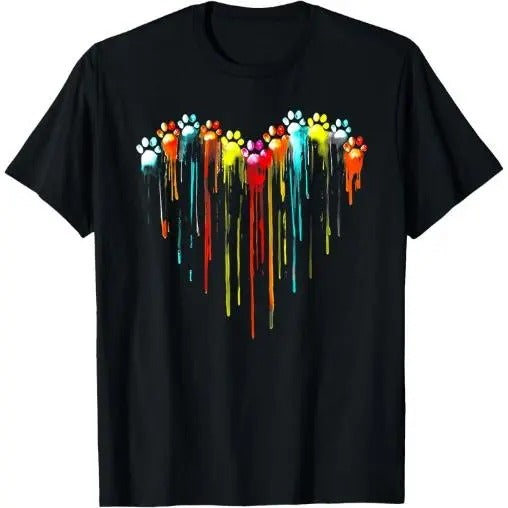 colorful dog paw heart print T-Shirt Made in USA