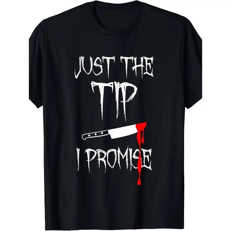 cotton T-shirt, just lick, I guarantee | funny bloody Halloween knife, niche design printing, quality breathable material, casual everything Made in USA