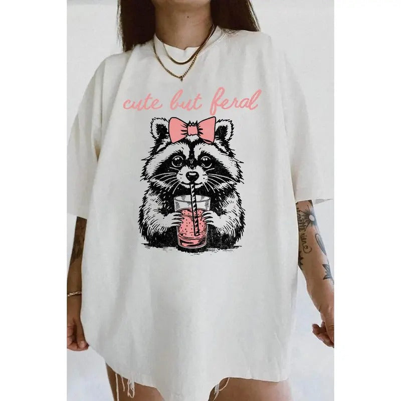 e But Feral Raccoon Tee For Women, Raccoon Lovers, Raccon Tee, Oversized Tee, Raccoon Gift Casual Comfort