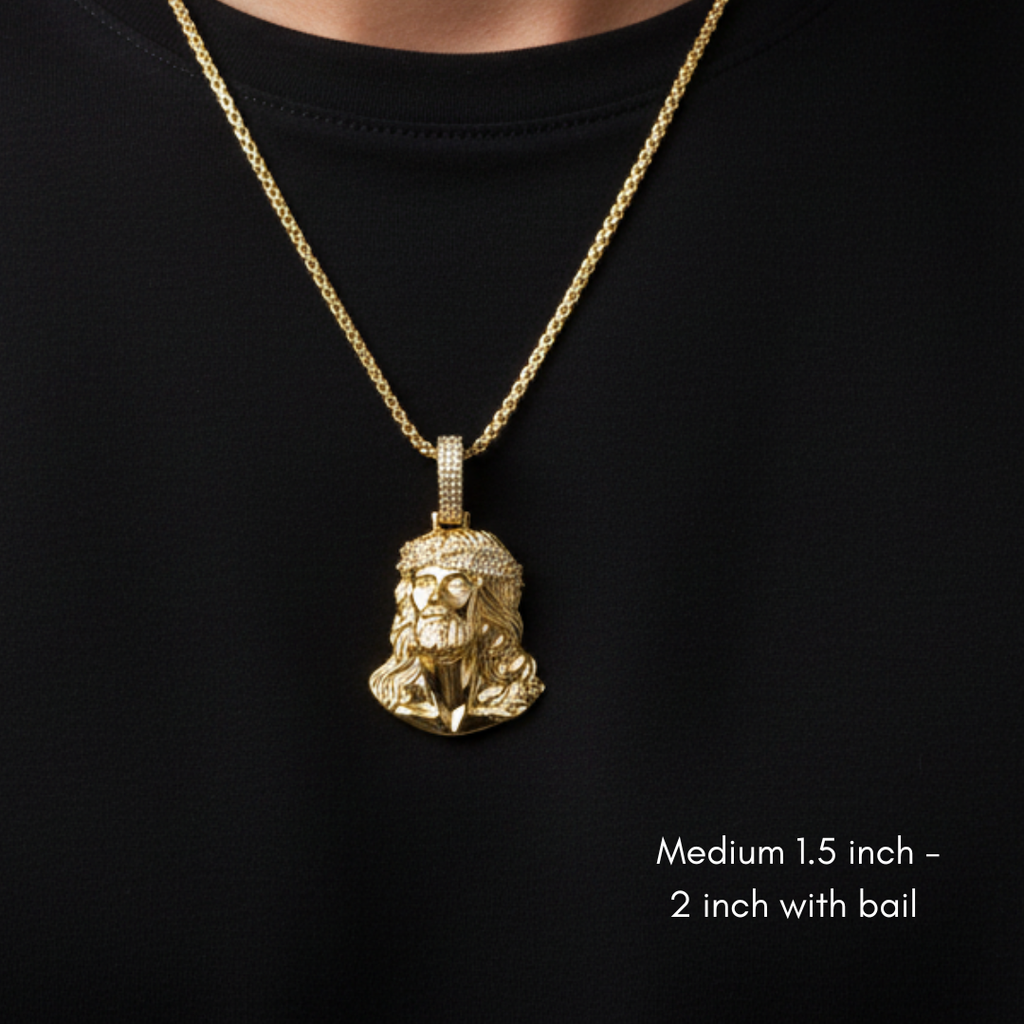 Moissanite Jesus Head Piece Pendant - 14K Gold Plated Solid 925 Sterling Silver