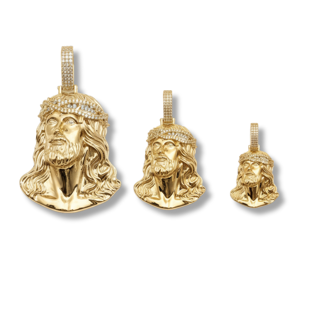 Moissanite Jesus Head Piece Pendant - 14K Gold Plated Solid 925 Sterling Silver