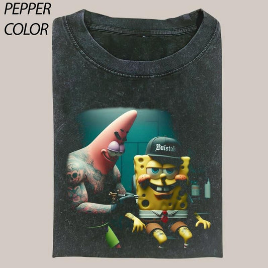 pongeBob SquarePants T-shirt, Patrick Star tattooing SpongeBob SquarePants, Drip Cartoon Graphic Tee, Funny T-shirt, Unisex Movie Shirt Menswear