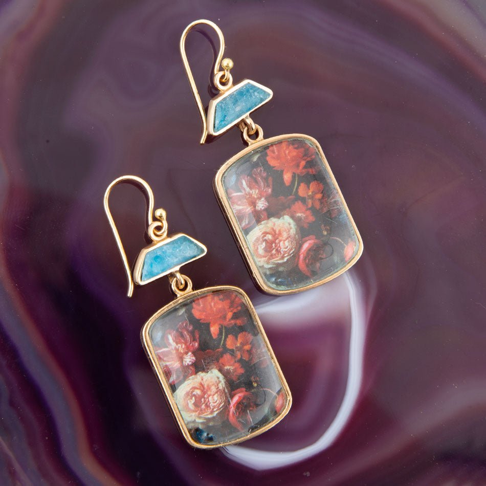 Scenic Dark Florals Blue Apatite Golden Drop Earrings