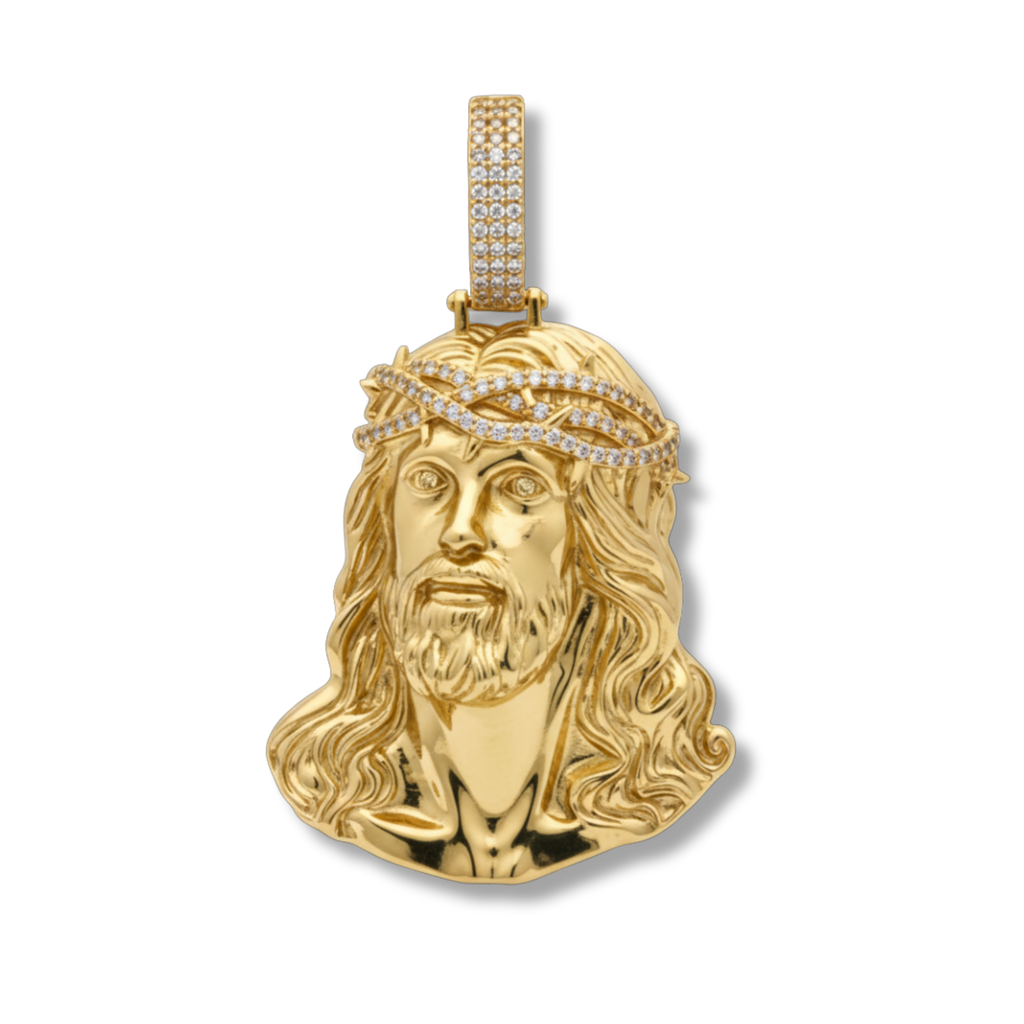 Moissanite Jesus Head Piece Pendant - 14K Gold Plated Solid 925 Sterling Silver