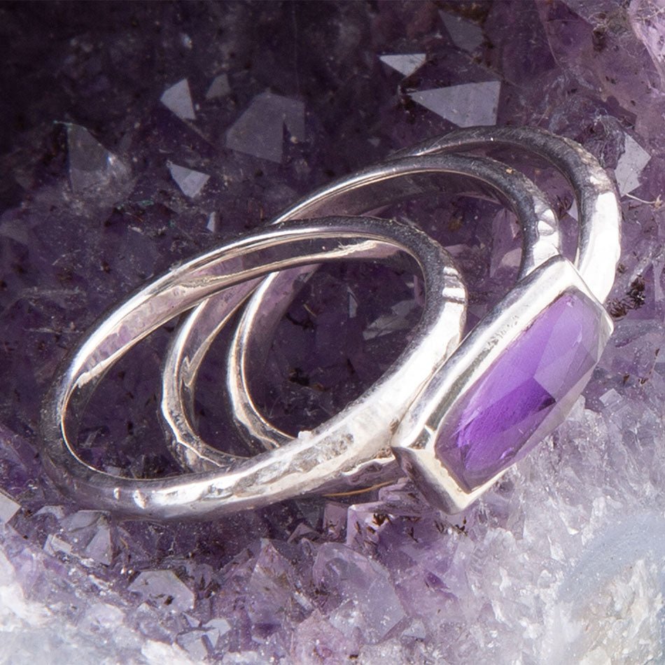 Stacking Hammered Purple Amethyst and Sterling Silver Ring Set